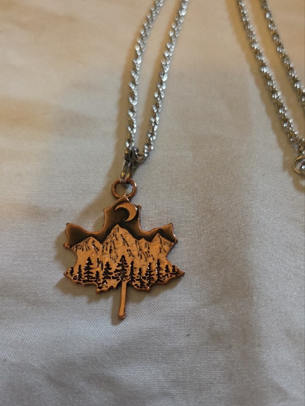 Copper Leaf Pendant Necklace with Mountain Engraving - Women Jewelry - Picture 3 of 5